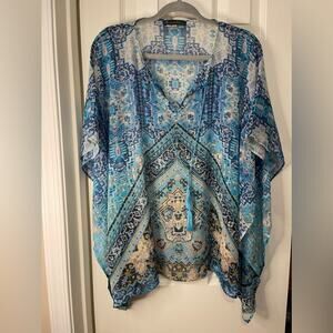 Rose & Olive Sheer Blue Printed Bohemian Kimono swim cover up size Small
